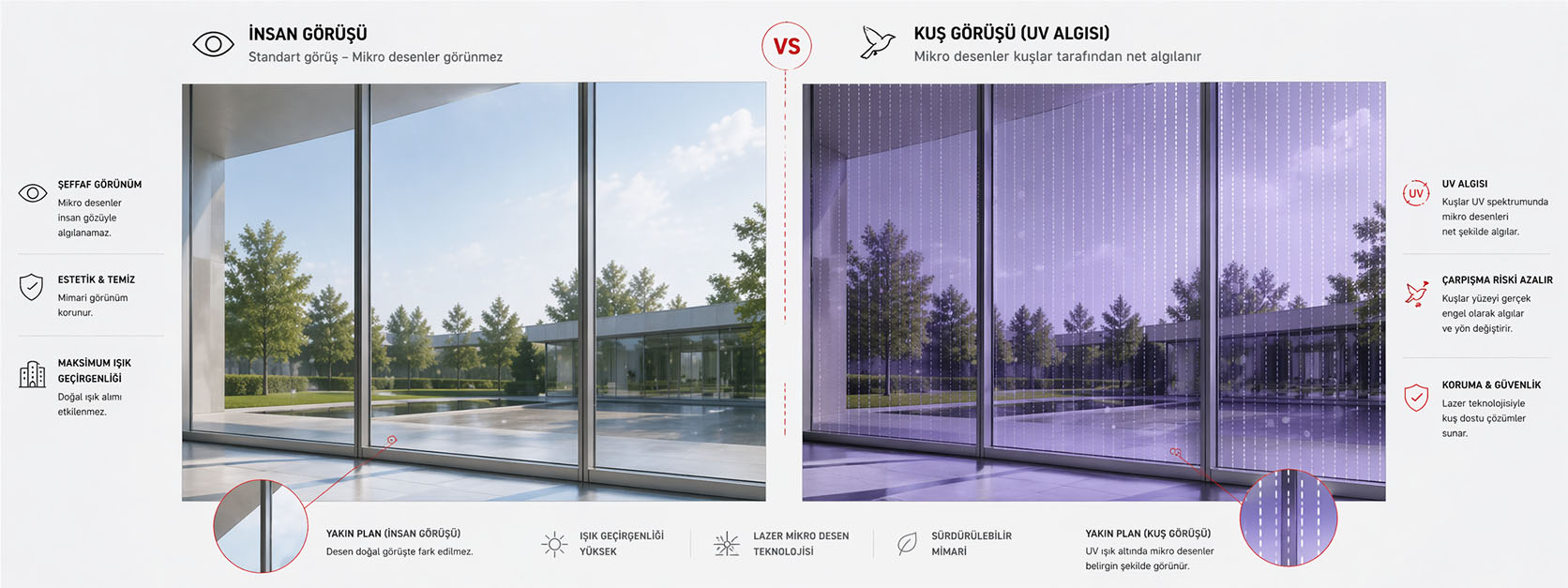 İnsan gözü ve kuş gözü için cam algısı karşılaştırması