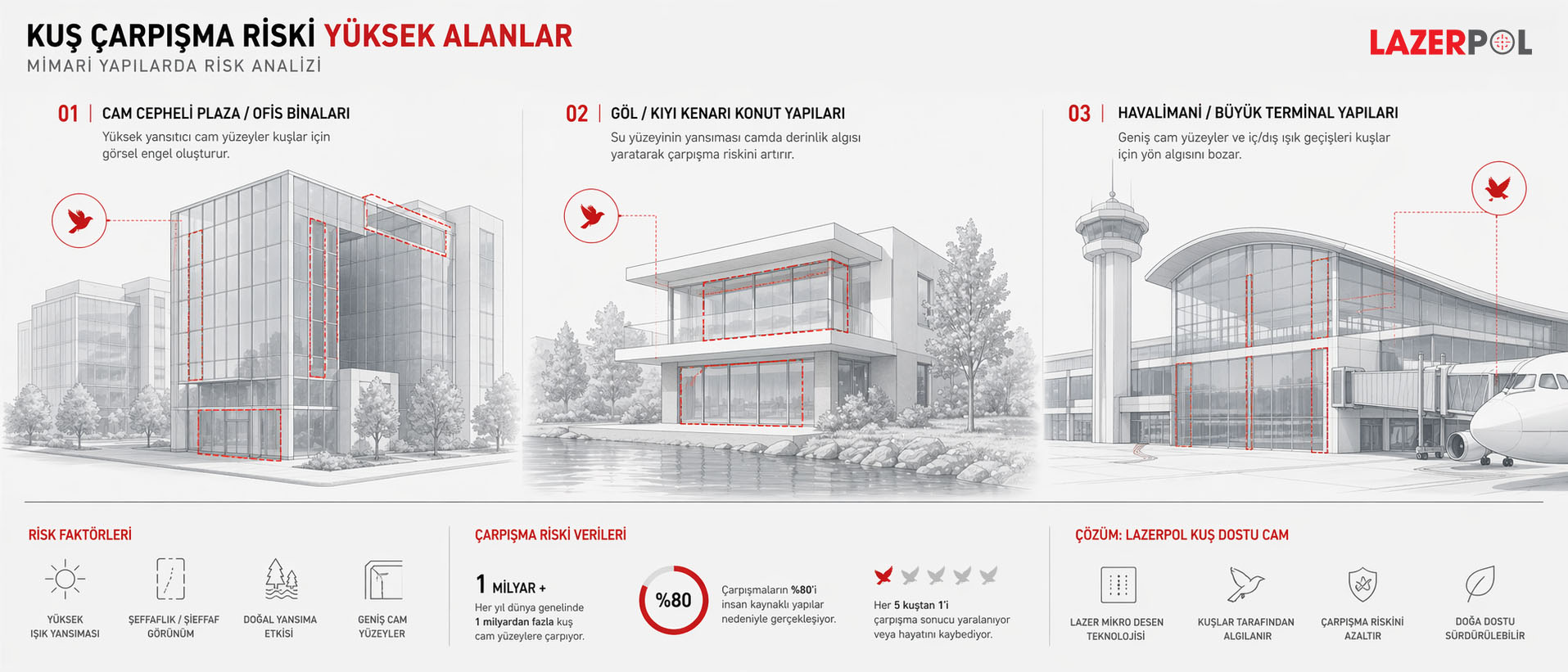 Kuş çarpışma riskinin yüksek olduğu mimari bölgeler